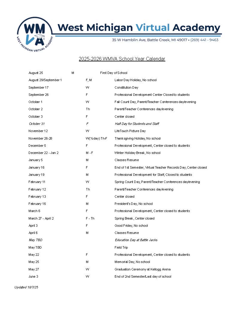 wmva 2025-26 school calendar